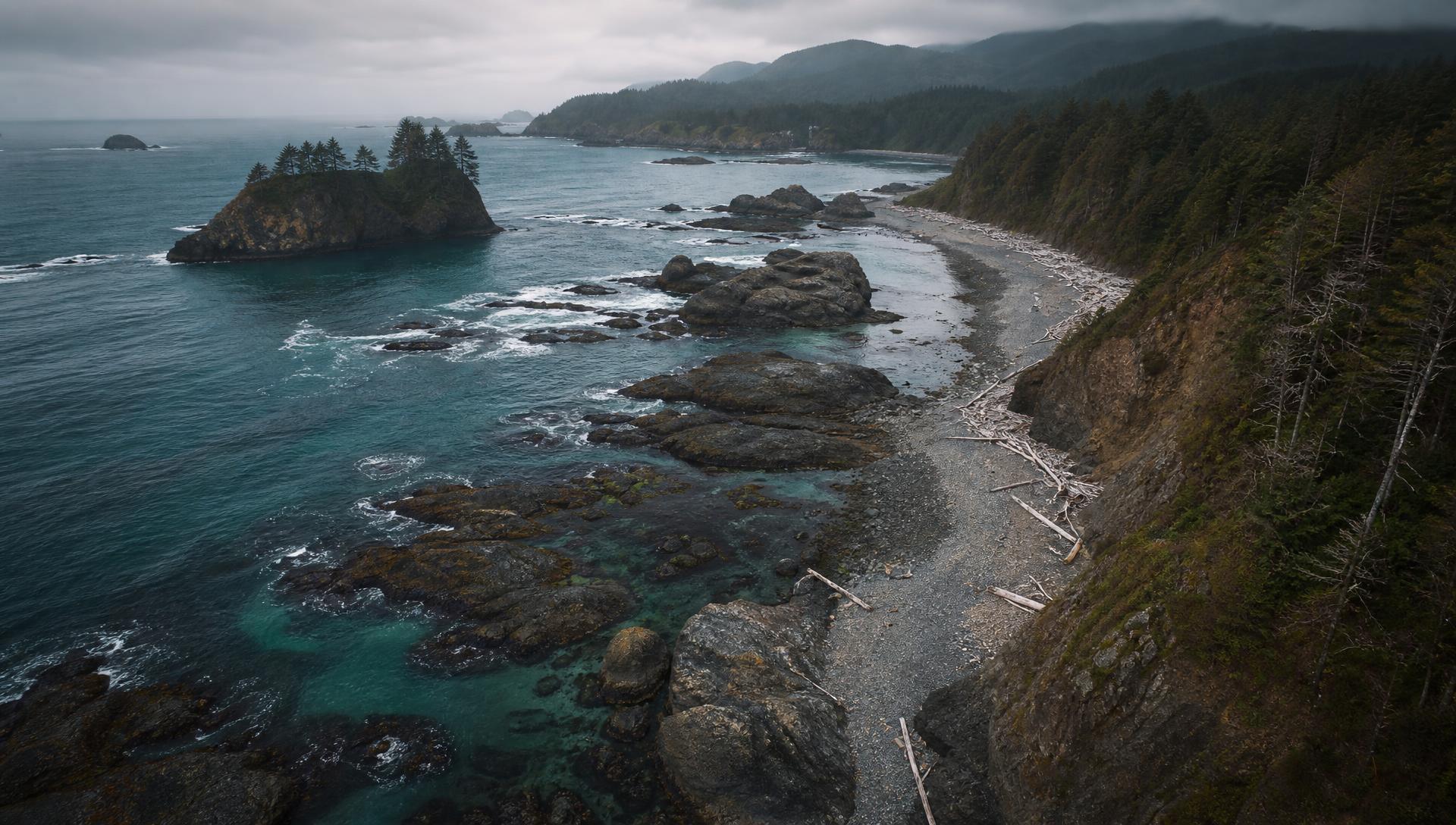 Aerial view of a rocky Pacific Northwest beach with teal ocean water and driftwood